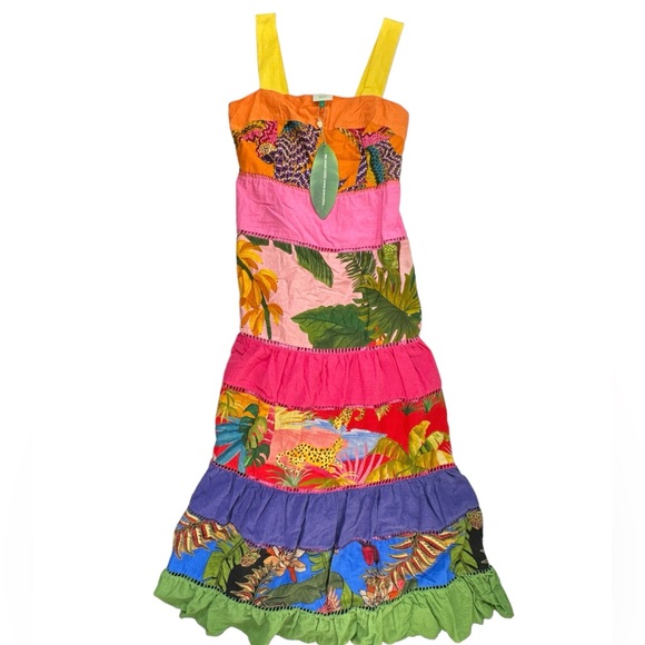 Farm Rio Rainbow Mixed Prints Maxi Dress Size Small Tiered Straps A Line Square - Picture 7 of 11